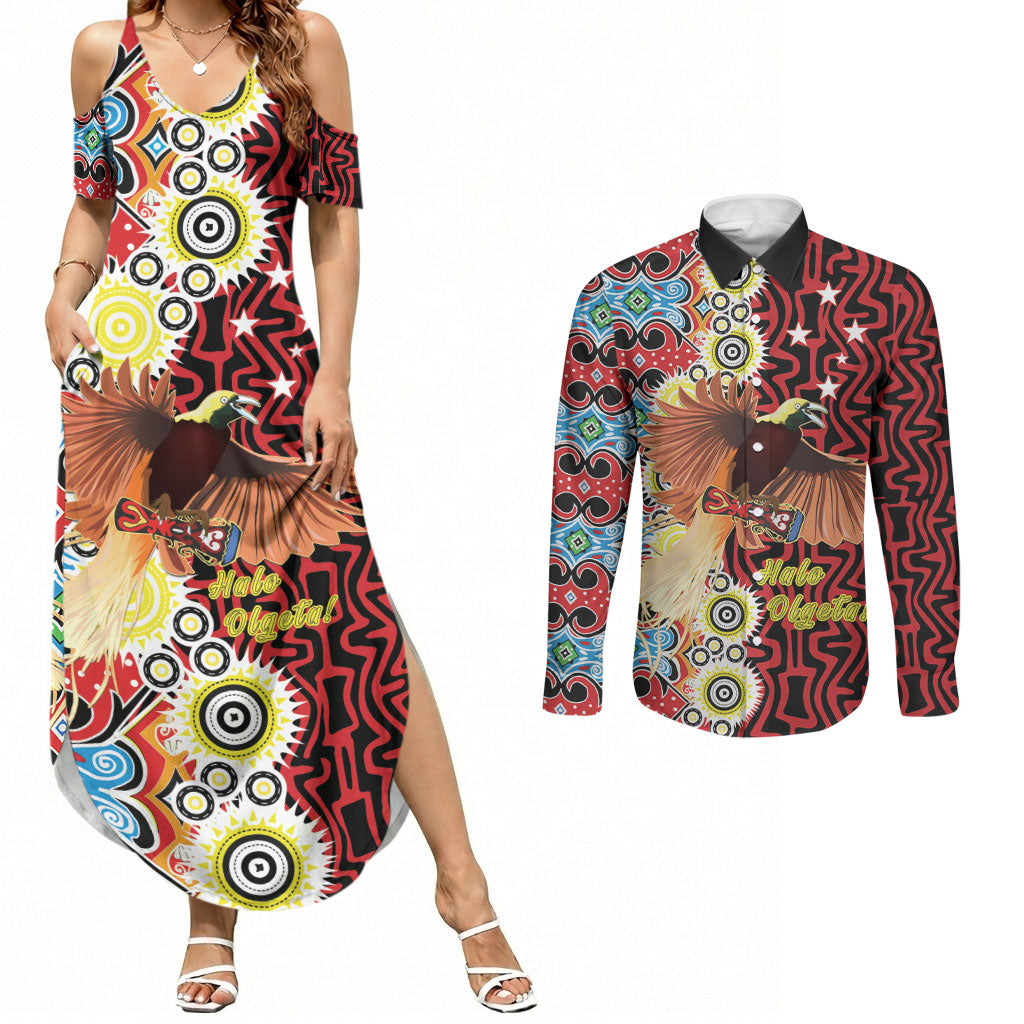 Personalised Papua New Guinea Pidgin Language Week Couples Matching Summer Maxi Dress and Long Sleeve Button Shirt Halo Olgeta Tok Pisin Wik Bird Of Paradise Oro Batik LT22 Red - Polynesian Pride