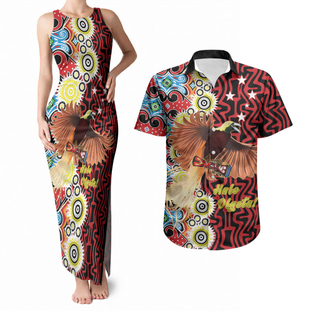 Personalised Papua New Guinea Pidgin Language Week Couples Matching Tank Maxi Dress and Hawaiian Shirt Halo Olgeta Tok Pisin Wik Bird Of Paradise Oro Batik LT22 Red - Polynesian Pride