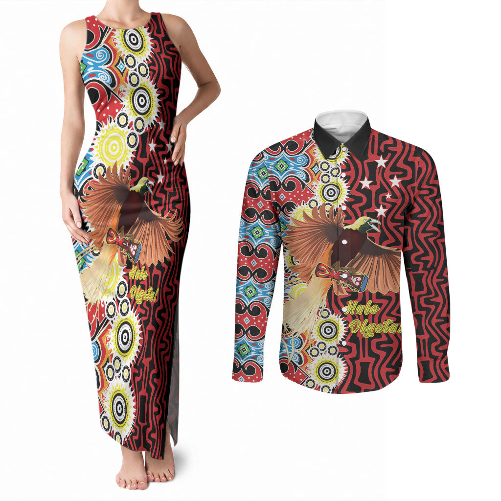 Personalised Papua New Guinea Pidgin Language Week Couples Matching Tank Maxi Dress and Long Sleeve Button Shirt Halo Olgeta Tok Pisin Wik Bird Of Paradise Oro Batik LT22 Red - Polynesian Pride