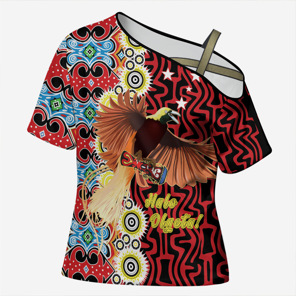 Personalised Papua New Guinea Pidgin Language Week Cross Shoulder Shirt Halo Olgeta Tok Pisin Wik Bird Of Paradise Oro Batik LT22 Female Red - Polynesian Pride