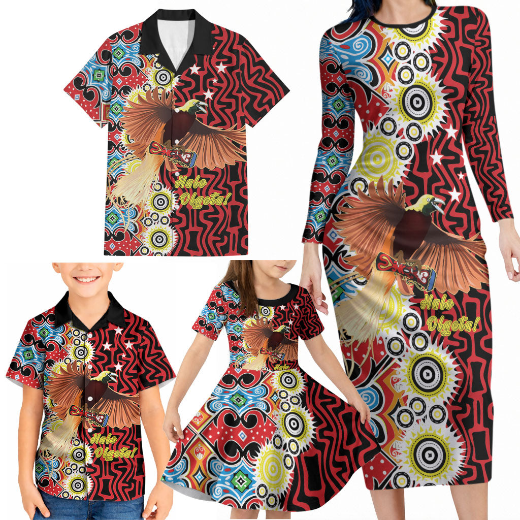 Personalised Papua New Guinea Pidgin Language Week Family Matching Long Sleeve Bodycon Dress and Hawaiian Shirt Halo Olgeta Tok Pisin Wik Bird Of Paradise Oro Batik LT22 - Polynesian Pride