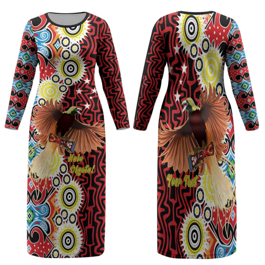 Personalised Papua New Guinea Pidgin Language Week Family Matching Long Sleeve Bodycon Dress and Hawaiian Shirt Halo Olgeta Tok Pisin Wik Bird Of Paradise Oro Batik LT22 Mom's Dress Red - Polynesian Pride