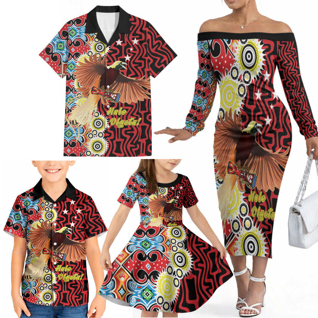 Personalised Papua New Guinea Pidgin Language Week Family Matching Off The Shoulder Long Sleeve Dress and Hawaiian Shirt Halo Olgeta Tok Pisin Wik Bird Of Paradise Oro Batik LT22 - Polynesian Pride