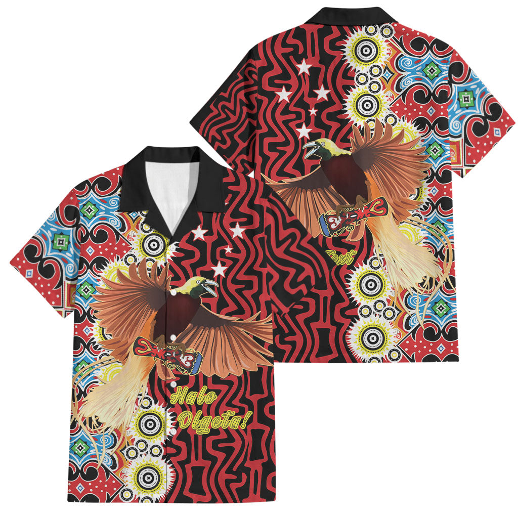 Personalised Papua New Guinea Pidgin Language Week Family Matching Off Shoulder Maxi Dress and Hawaiian Shirt Halo Olgeta Tok Pisin Wik Bird Of Paradise Oro Batik LT22 Dad's Shirt - Short Sleeve Red - Polynesian Pride