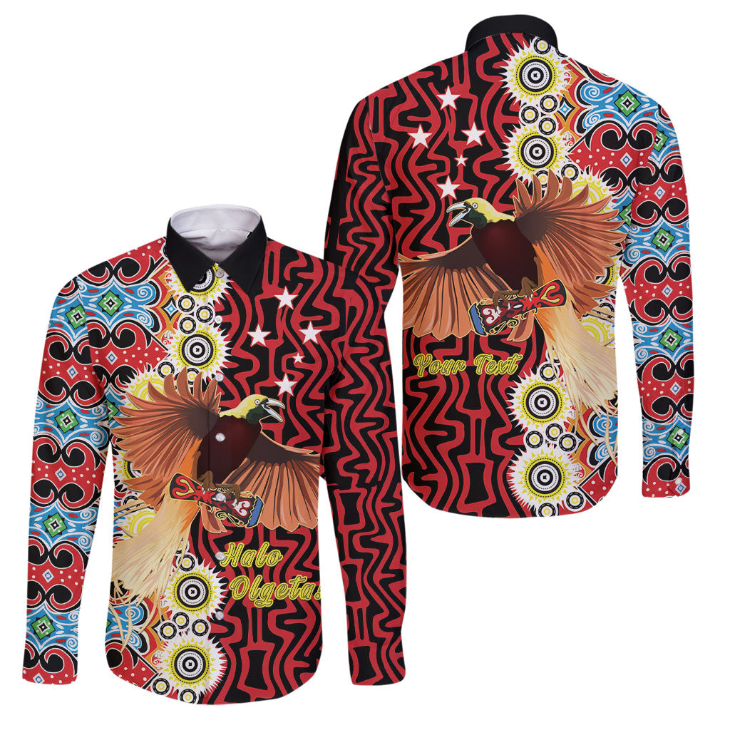Personalised Papua New Guinea Pidgin Language Week Family Matching Off Shoulder Maxi Dress and Hawaiian Shirt Halo Olgeta Tok Pisin Wik Bird Of Paradise Oro Batik LT22 Dad's Shirt - Long Sleeve Red - Polynesian Pride