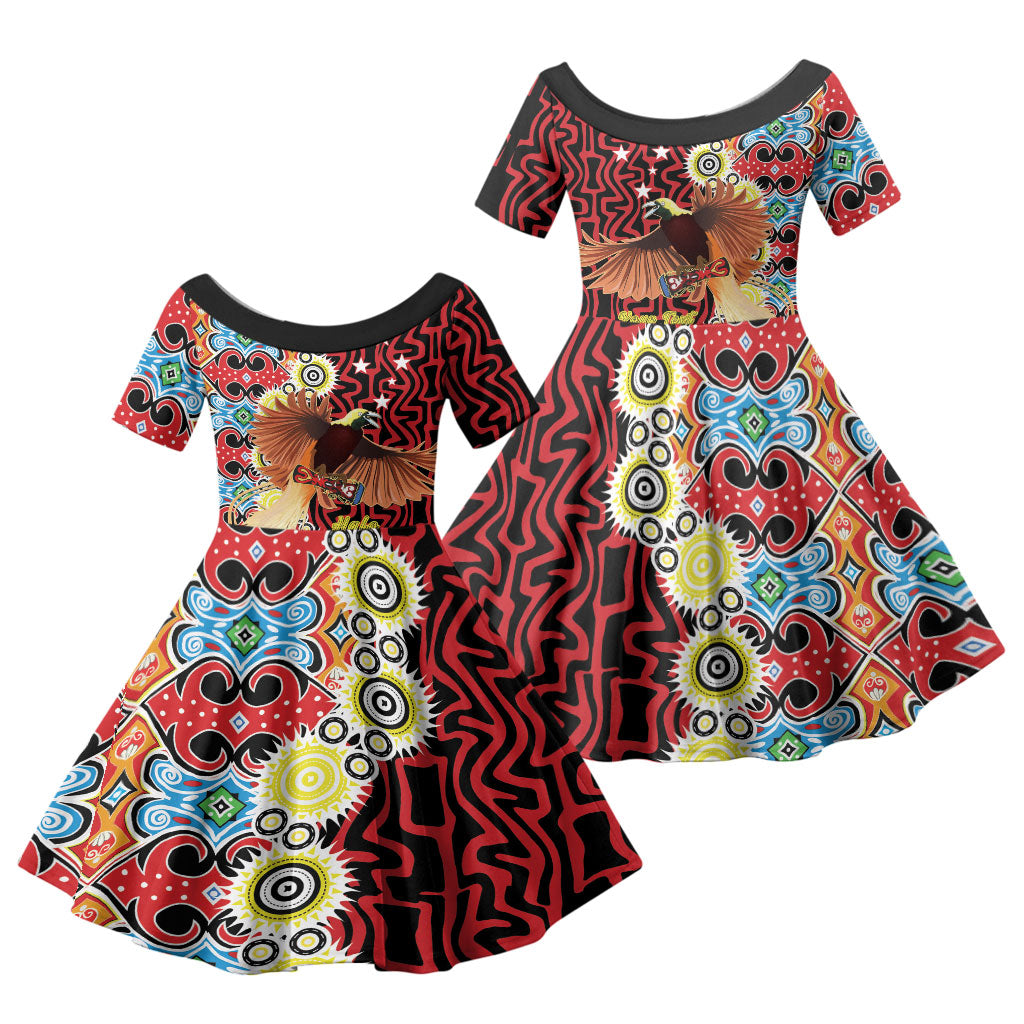 Personalised Papua New Guinea Pidgin Language Week Family Matching Off Shoulder Maxi Dress and Hawaiian Shirt Halo Olgeta Tok Pisin Wik Bird Of Paradise Oro Batik LT22 Daughter's Dress Red - Polynesian Pride