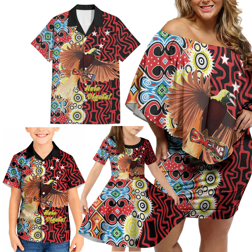 Personalised Papua New Guinea Pidgin Language Week Family Matching Off Shoulder Short Dress and Hawaiian Shirt Halo Olgeta Tok Pisin Wik Bird Of Paradise Oro Batik LT22 - Polynesian Pride