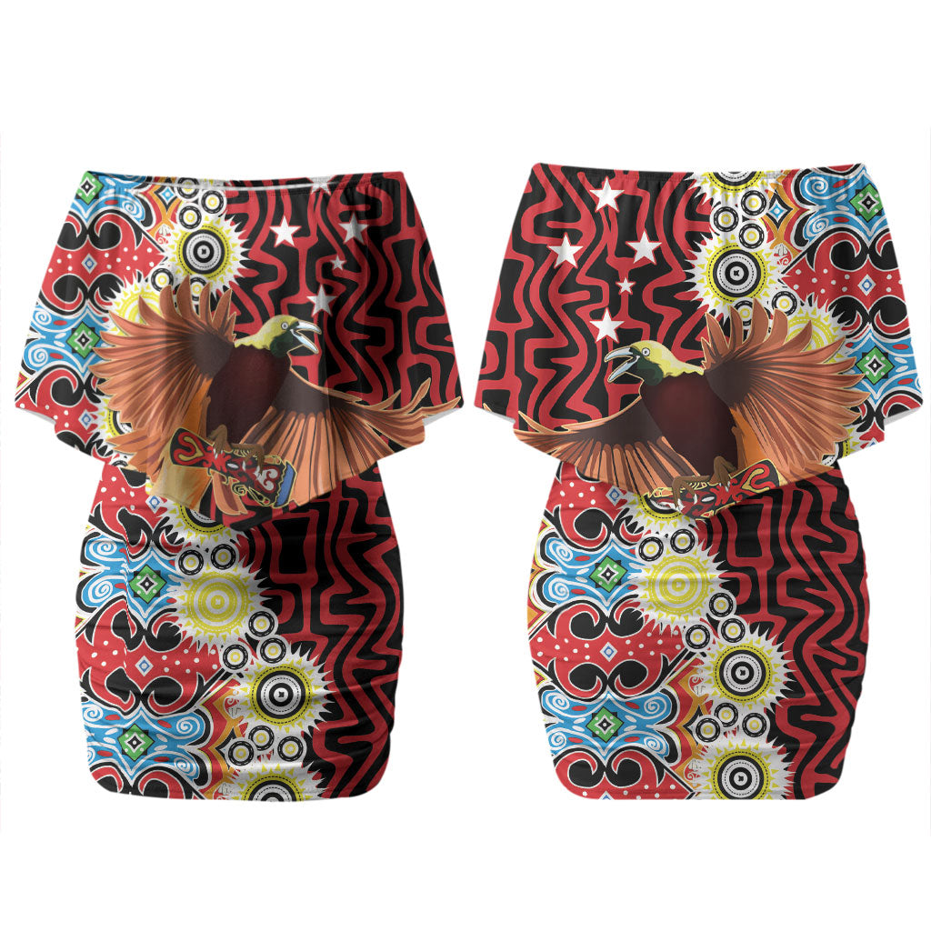 Personalised Papua New Guinea Pidgin Language Week Family Matching Off Shoulder Short Dress and Hawaiian Shirt Halo Olgeta Tok Pisin Wik Bird Of Paradise Oro Batik LT22 Mom's Dress Red - Polynesian Pride