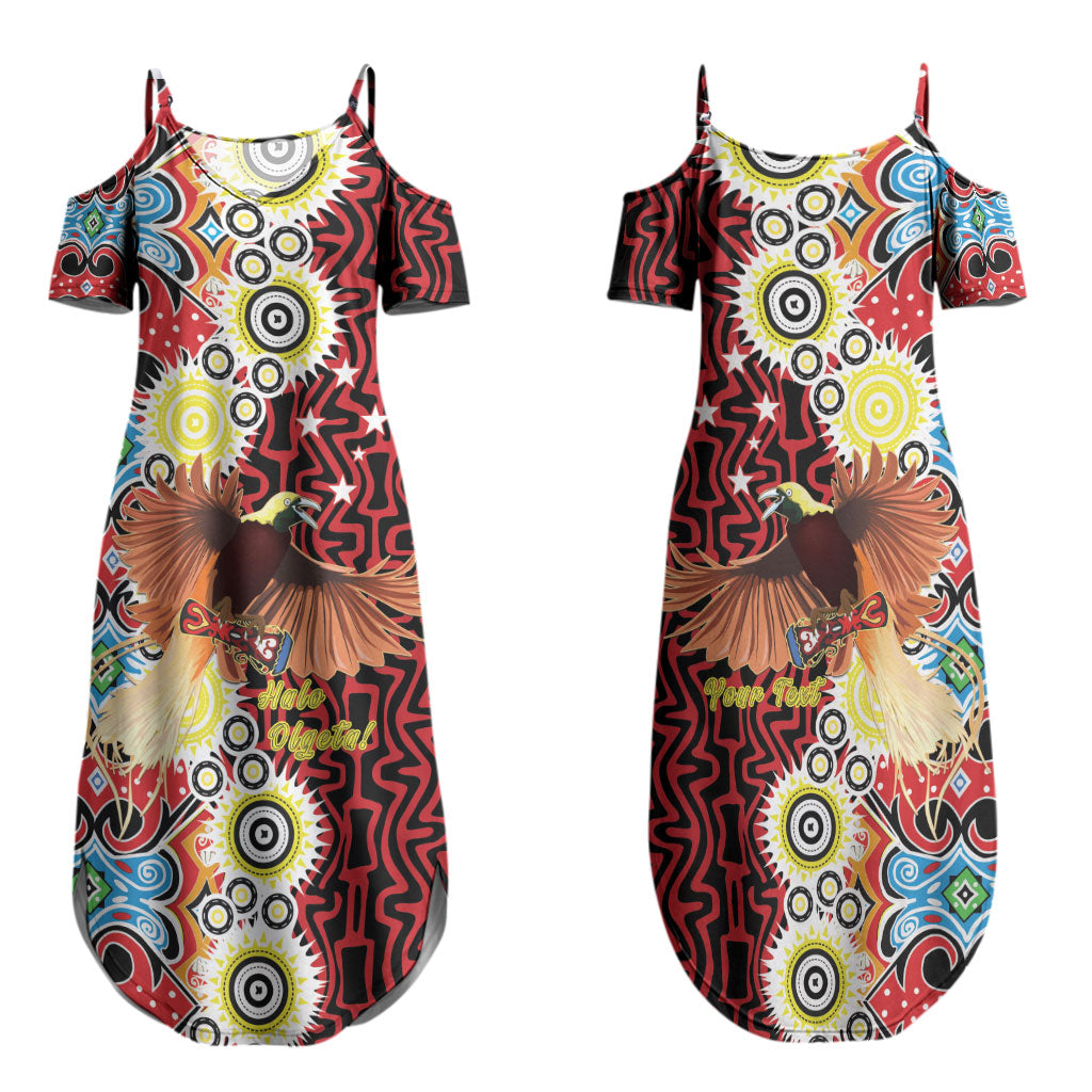 Personalised Papua New Guinea Pidgin Language Week Family Matching Summer Maxi Dress and Hawaiian Shirt Halo Olgeta Tok Pisin Wik Bird Of Paradise Oro Batik LT22 Mom's Dress Red - Polynesian Pride
