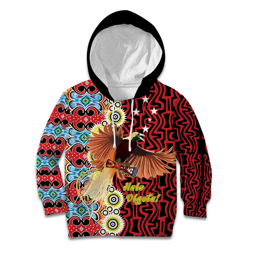 Personalised Papua New Guinea Pidgin Language Week Kid Hoodie Halo Olgeta Tok Pisin Wik Bird Of Paradise Oro Batik LT22 Hoodie Red - Polynesian Pride