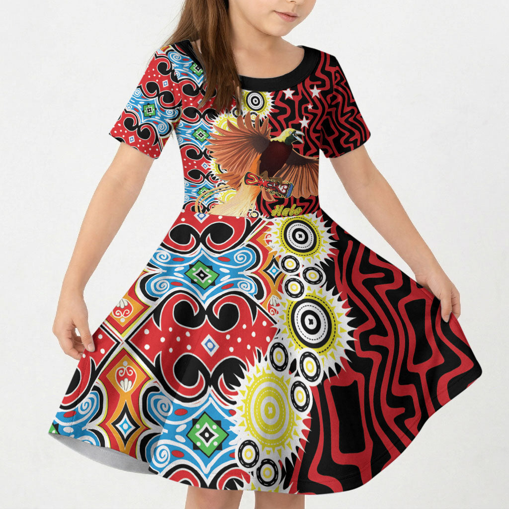 Personalised Papua New Guinea Pidgin Language Week Kid Short Sleeve Dress Halo Olgeta Tok Pisin Wik Bird Of Paradise Oro Batik LT22 KID Red - Polynesian Pride