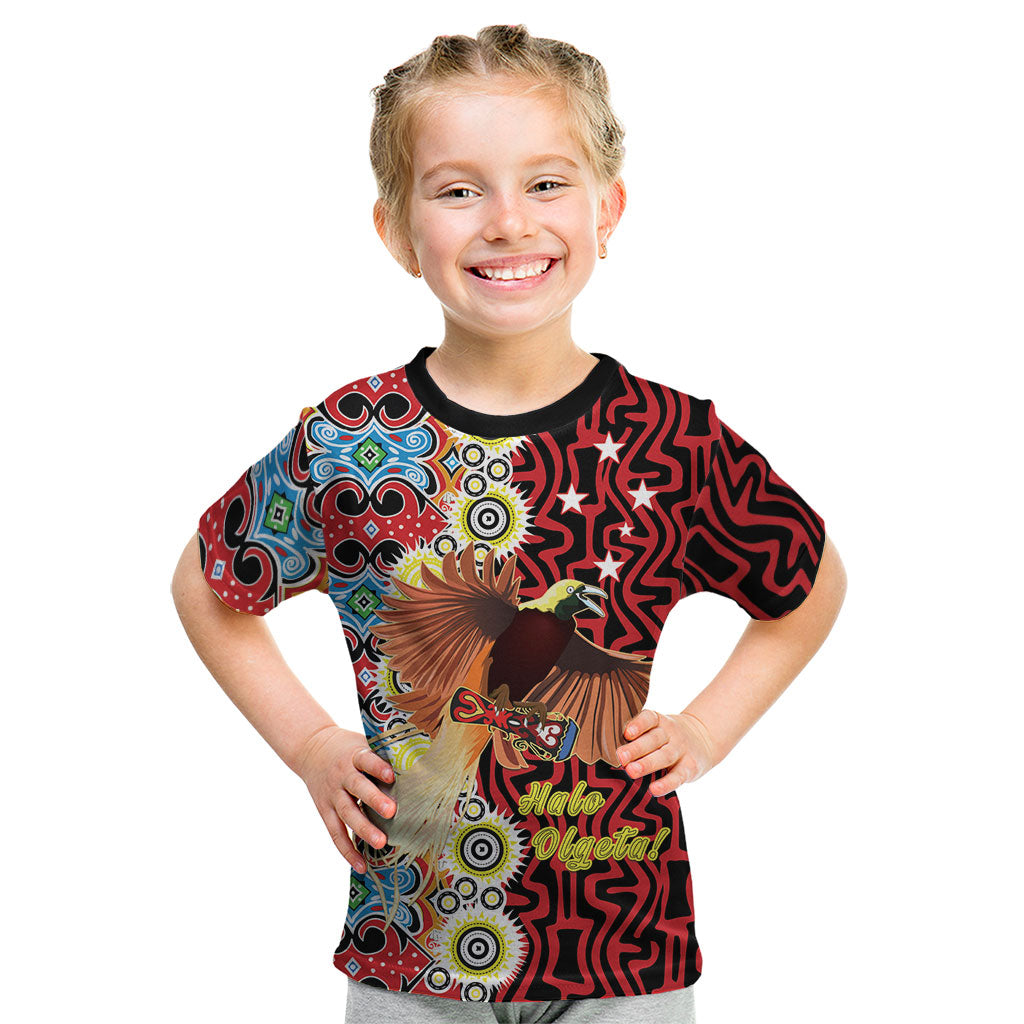 Personalised Papua New Guinea Pidgin Language Week Kid T Shirt Halo Olgeta Tok Pisin Wik Bird Of Paradise Oro Batik LT22 Red - Polynesian Pride