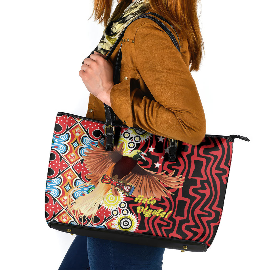 Papua New Guinea Pidgin Language Week Leather Tote Bag Halo Olgeta Tok Pisin Wik Bird Of Paradise Oro Batik LT22 Red - Polynesian Pride
