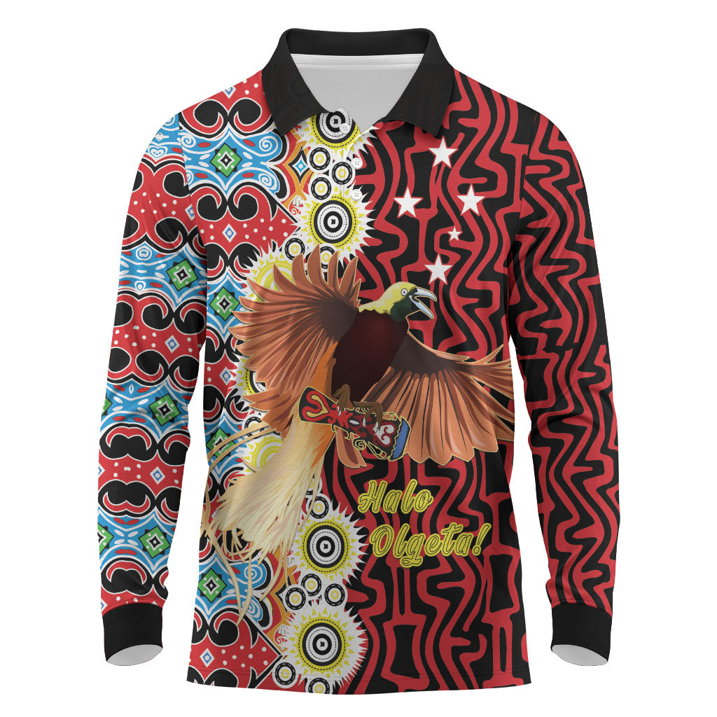Personalised Papua New Guinea Pidgin Language Week Long Sleeve Polo Shirt Halo Olgeta Tok Pisin Wik Bird Of Paradise Oro Batik LT22 Red - Polynesian Pride