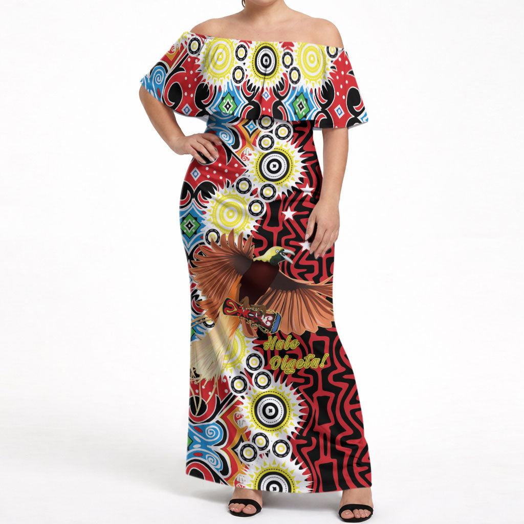 Personalised Papua New Guinea Pidgin Language Week Off Shoulder Maxi Dress Halo Olgeta Tok Pisin Wik Bird Of Paradise Oro Batik LT22 Women Red - Polynesian Pride
