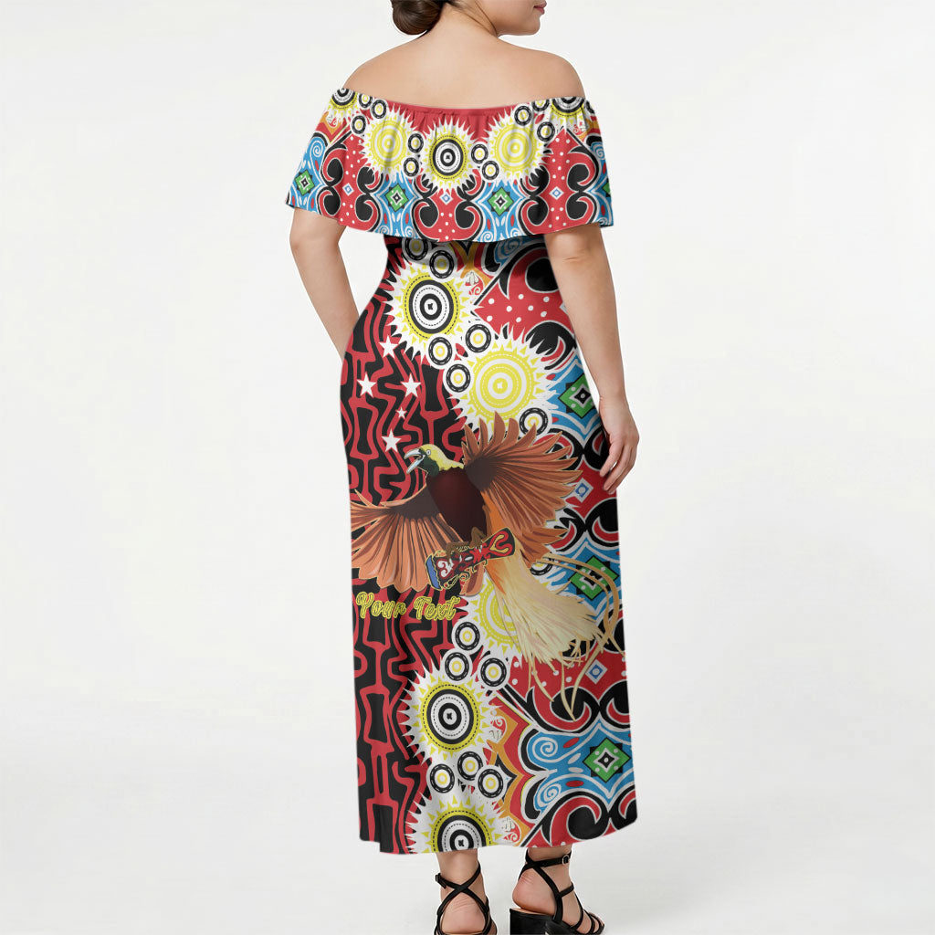 Personalised Papua New Guinea Pidgin Language Week Off Shoulder Maxi Dress Halo Olgeta Tok Pisin Wik Bird Of Paradise Oro Batik LT22 - Polynesian Pride