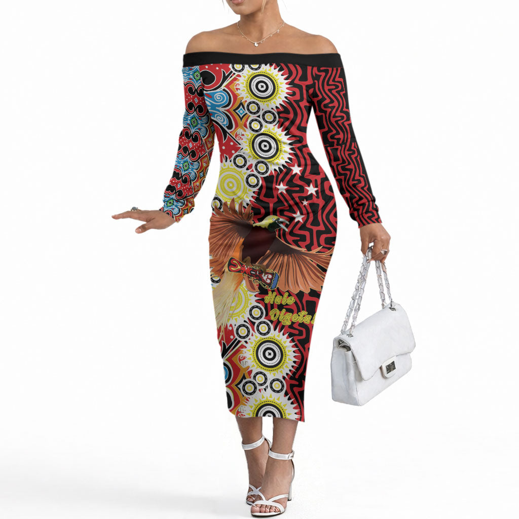 Personalised Papua New Guinea Pidgin Language Week Off The Shoulder Long Sleeve Dress Halo Olgeta Tok Pisin Wik Bird Of Paradise Oro Batik LT22 Women Red - Polynesian Pride