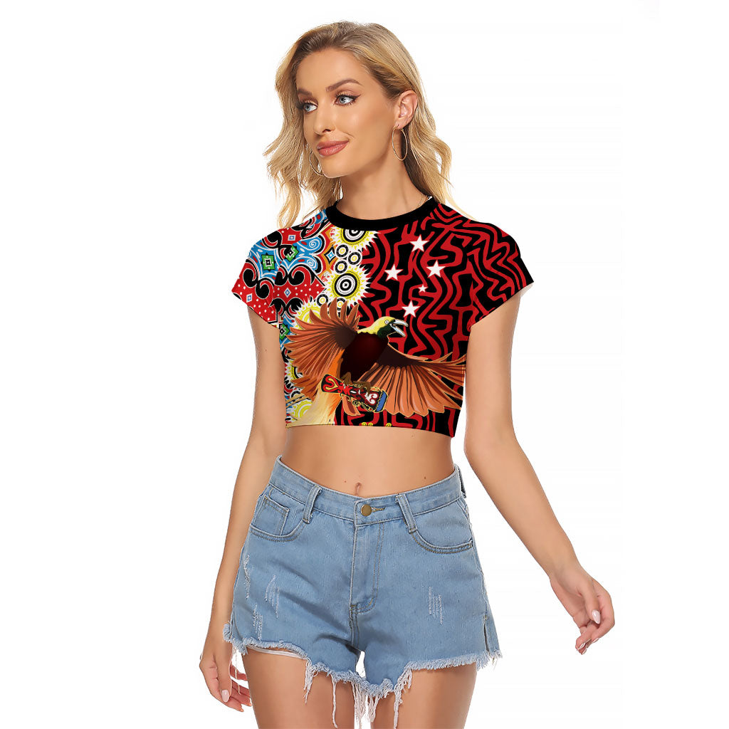 Personalised Papua New Guinea Pidgin Language Week Raglan Cropped T Shirt Halo Olgeta Tok Pisin Wik Bird Of Paradise Oro Batik LT22 Female Red - Polynesian Pride