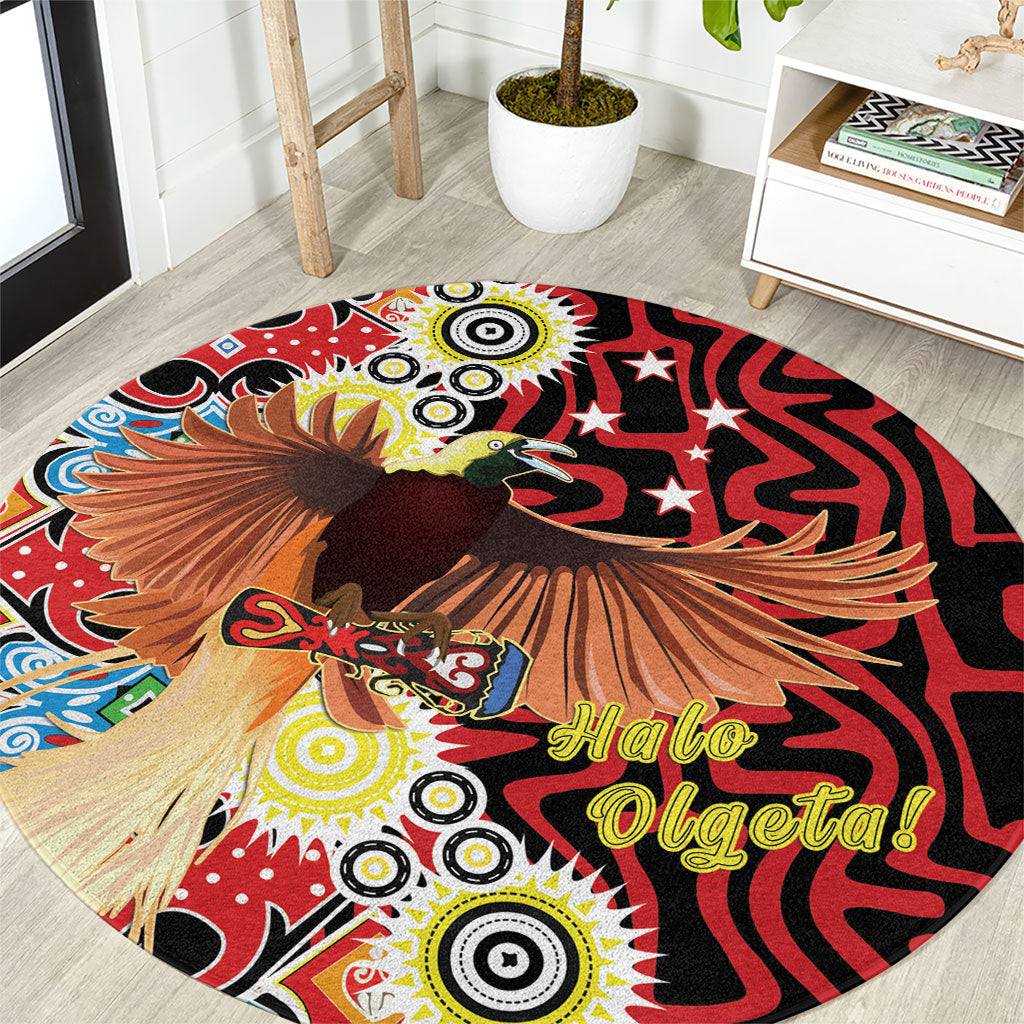 Papua New Guinea Pidgin Language Week Round Carpet Halo Olgeta Tok Pisin Wik Bird Of Paradise Oro Batik LT22 Red - Polynesian Pride