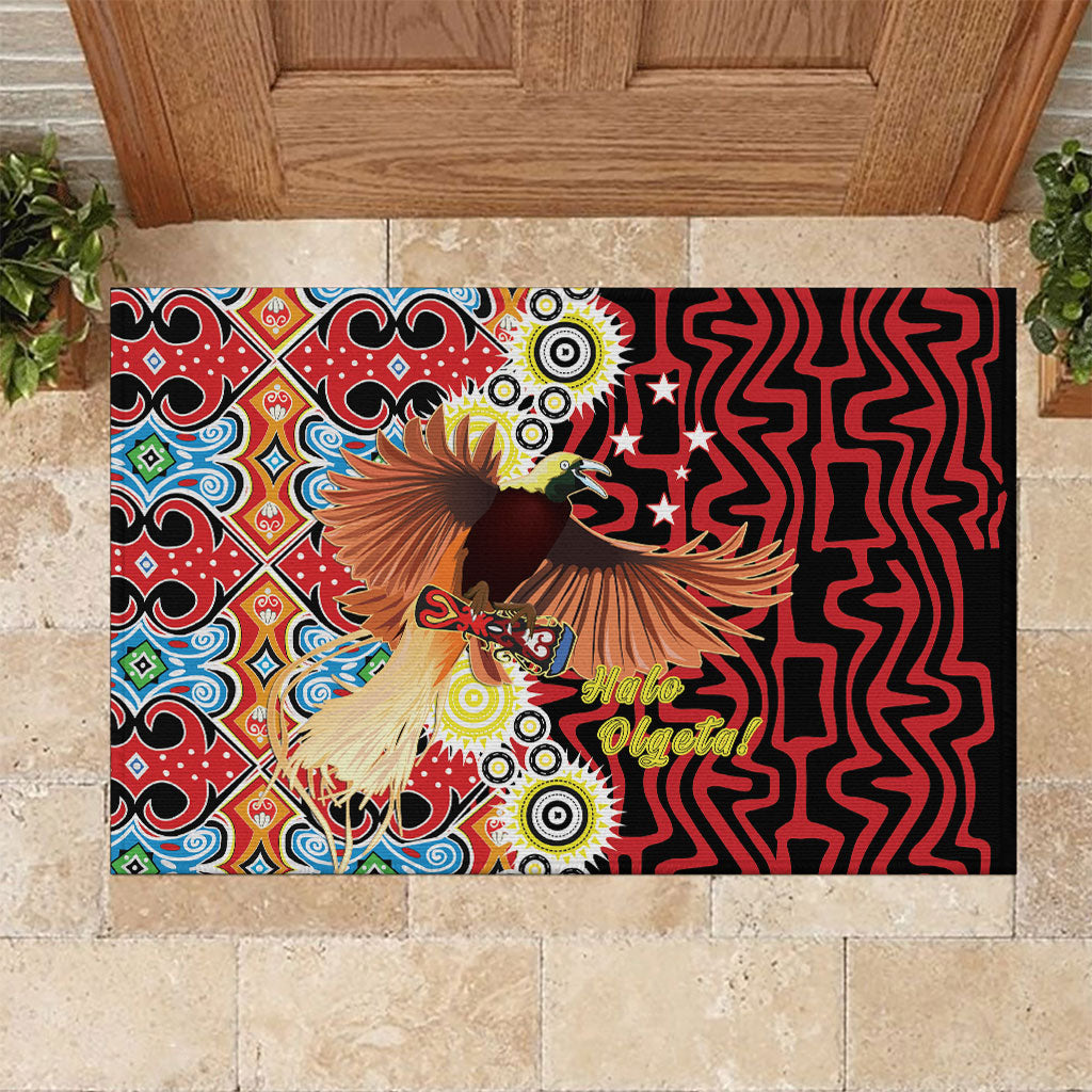 Papua New Guinea Pidgin Language Week Rubber Doormat Halo Olgeta Tok Pisin Wik Bird Of Paradise Oro Batik LT22 Red - Polynesian Pride