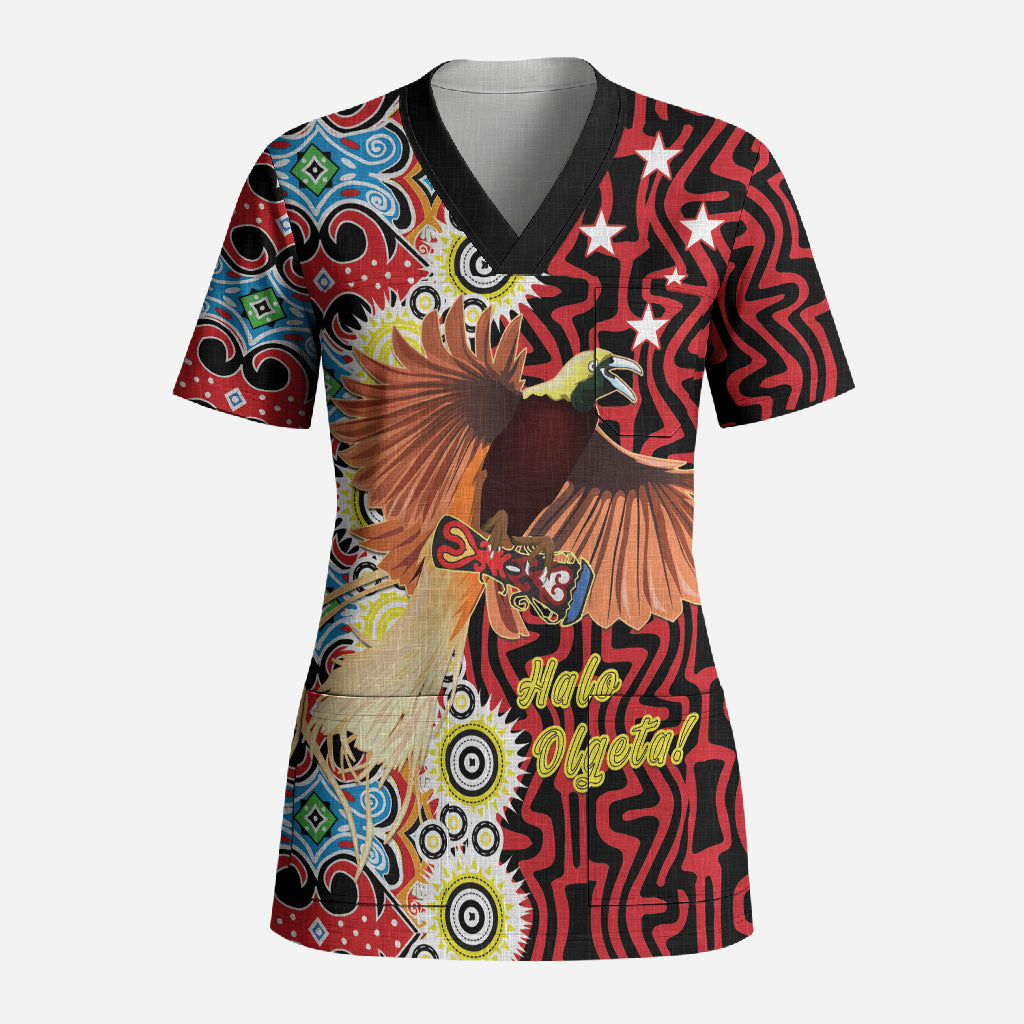 Personalised Papua New Guinea Pidgin Language Week Scrub Top Halo Olgeta Tok Pisin Wik Bird Of Paradise Oro Batik LT22 Adult Red - Polynesian Pride