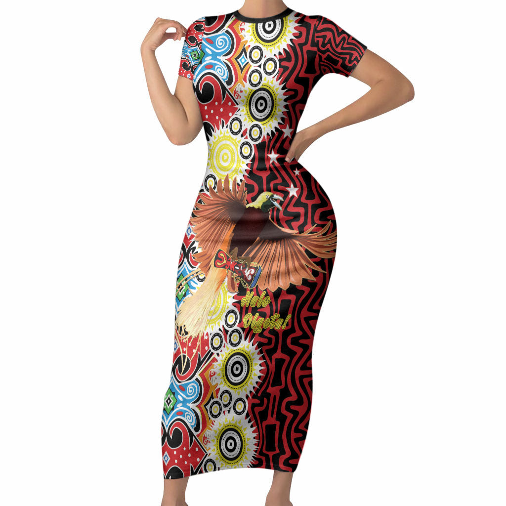 Personalised Papua New Guinea Pidgin Language Week Short Sleeve Bodycon Dress Halo Olgeta Tok Pisin Wik Bird Of Paradise Oro Batik LT22 Long Dress Red - Polynesian Pride