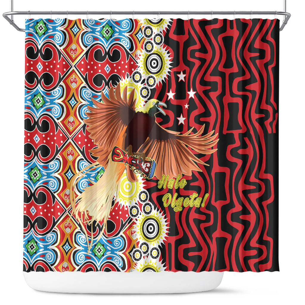 Papua New Guinea Pidgin Language Week Shower Curtain Halo Olgeta Tok Pisin Wik Bird Of Paradise Oro Batik LT22 Red - Polynesian Pride
