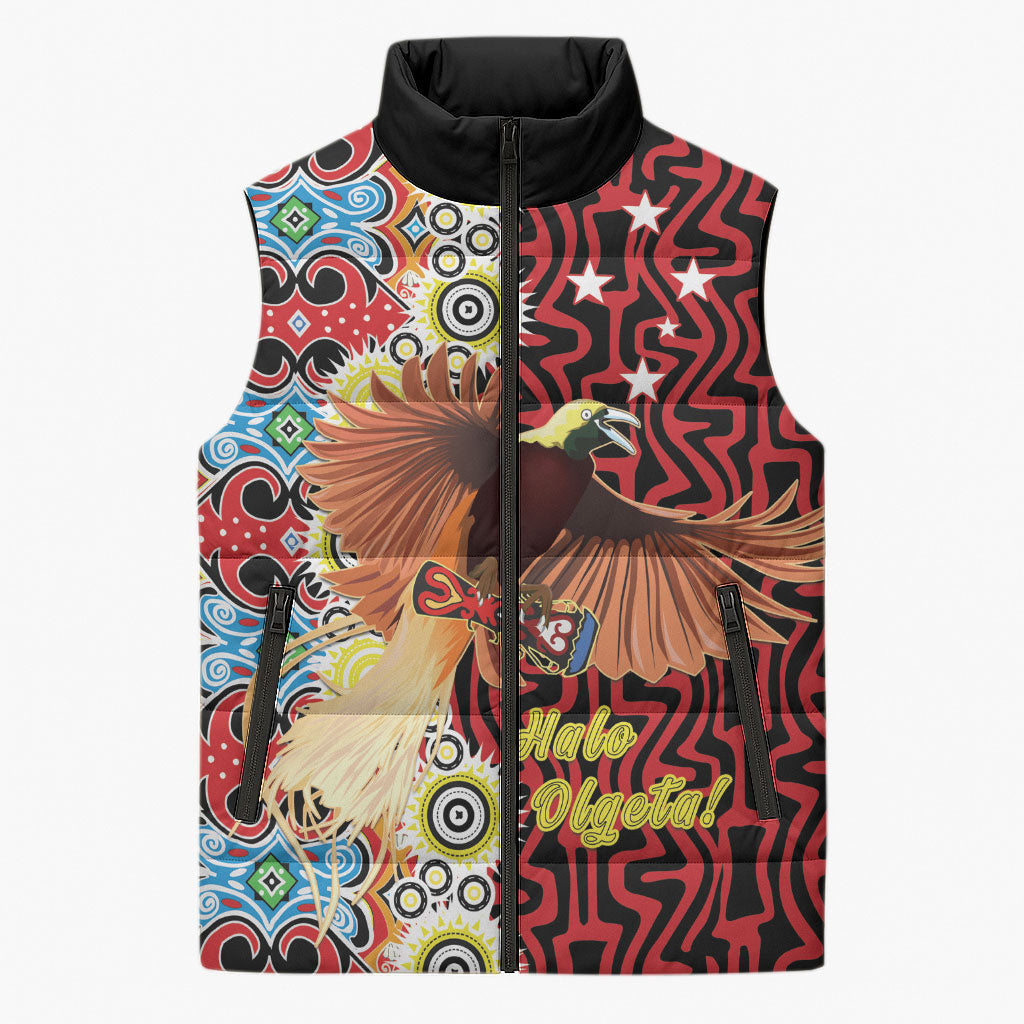 Personalised Papua New Guinea Pidgin Language Week Sleeveless Puffer Jacket Halo Olgeta Tok Pisin Wik Bird Of Paradise Oro Batik LT22 Unisex Red - Polynesian Pride