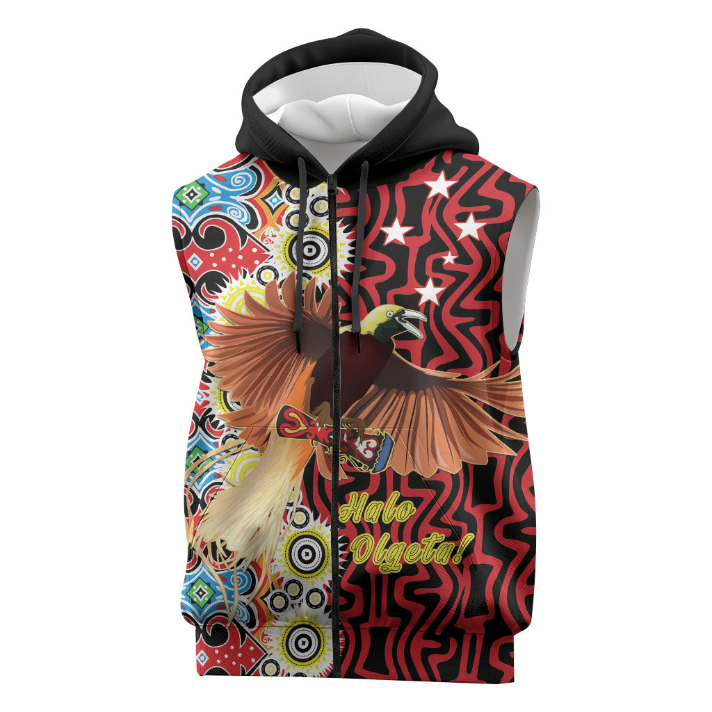 Personalised Papua New Guinea Pidgin Language Week Sleeveless Zip Hoodie Halo Olgeta Tok Pisin Wik Bird Of Paradise Oro Batik LT22 Red - Polynesian Pride