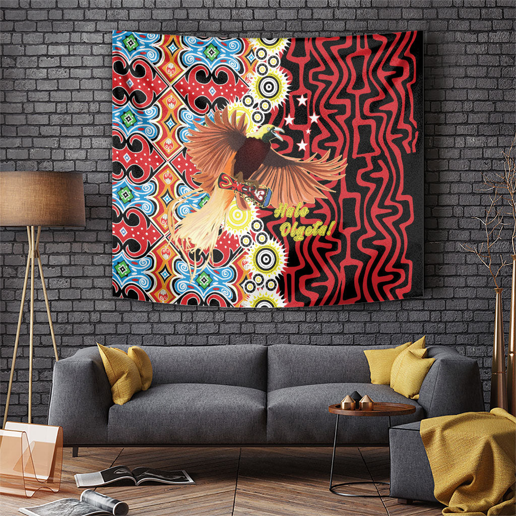 Papua New Guinea Pidgin Language Week Tapestry Halo Olgeta Tok Pisin Wik Bird Of Paradise Oro Batik LT22 Red - Polynesian Pride