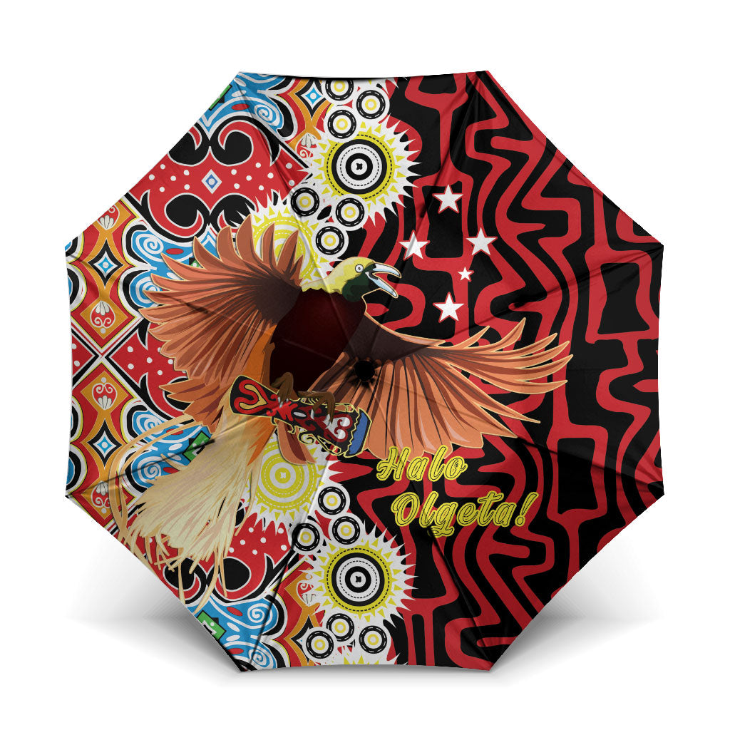 Papua New Guinea Pidgin Language Week Umbrella Halo Olgeta Tok Pisin Wik Bird Of Paradise Oro Batik LT22 One Size Folded 11.42 inch Opened Diameter 37.4 inch Red - Polynesian Pride