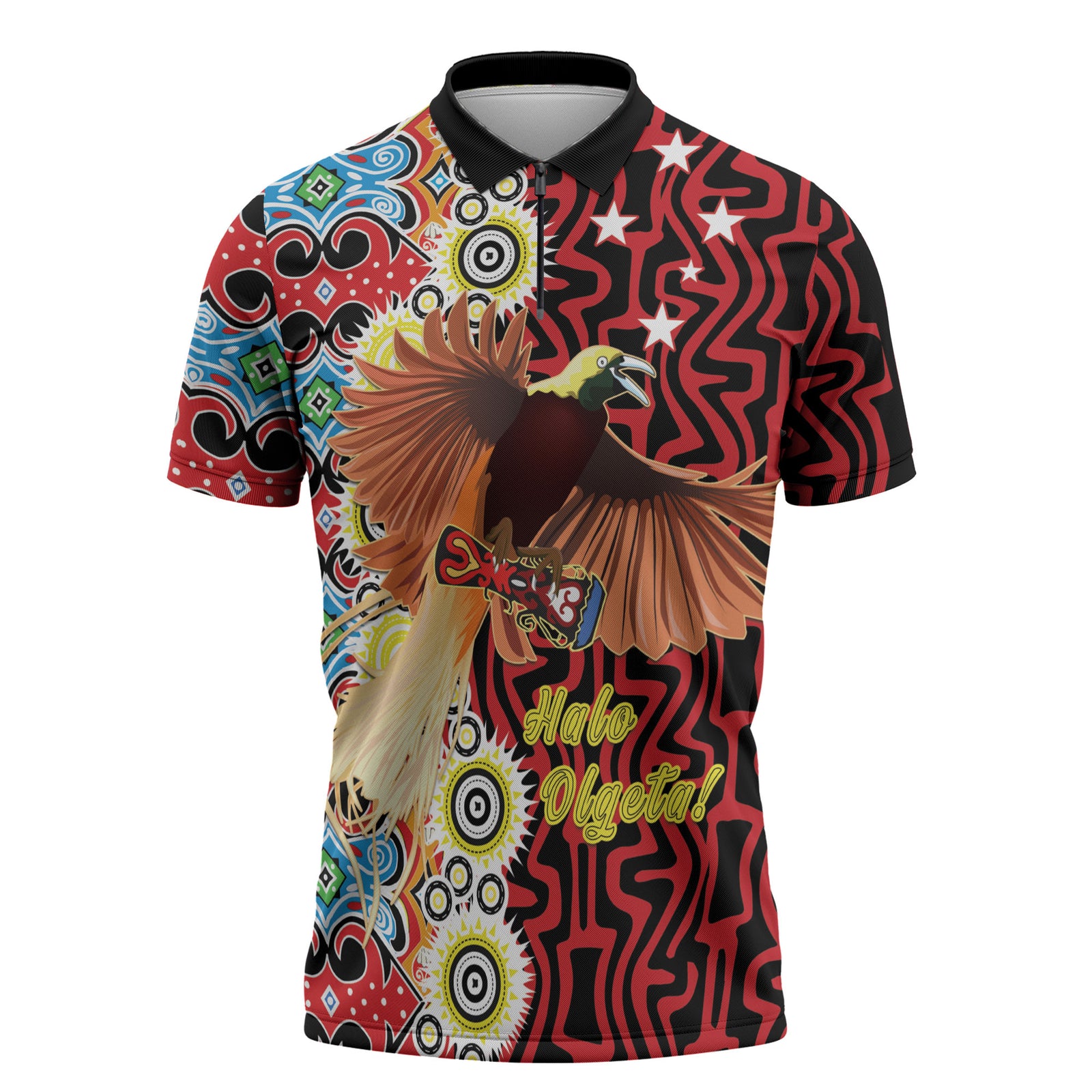 Personalised Papua New Guinea Pidgin Language Week Zipper Polo Shirt Halo Olgeta Tok Pisin Wik Bird Of Paradise Oro Batik LT22 Red - Polynesian Pride