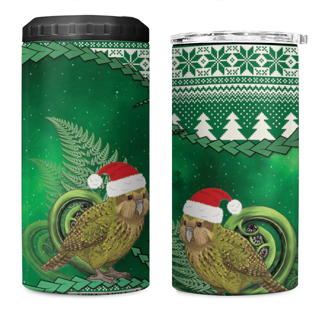 New Zealand Kakapo Christmas In July 4 in 1 Can Cooler Tumbler Silver Fern Santa Xmas Green Color