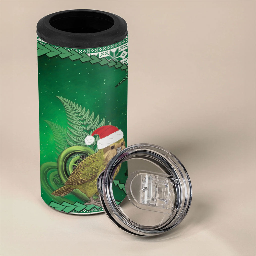New Zealand Kakapo Christmas In July 4 in 1 Can Cooler Tumbler Silver Fern Santa Xmas Green Color