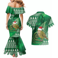 New Zealand Kakapo Christmas In July Couples Matching Mermaid Dress and Hawaiian Shirt Silver Fern Santa Xmas Green Color