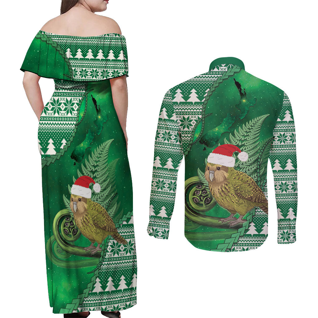 New Zealand Kakapo Christmas In July Couples Matching Off Shoulder Maxi Dress and Long Sleeve Button Shirt Silver Fern Santa Xmas Green Color