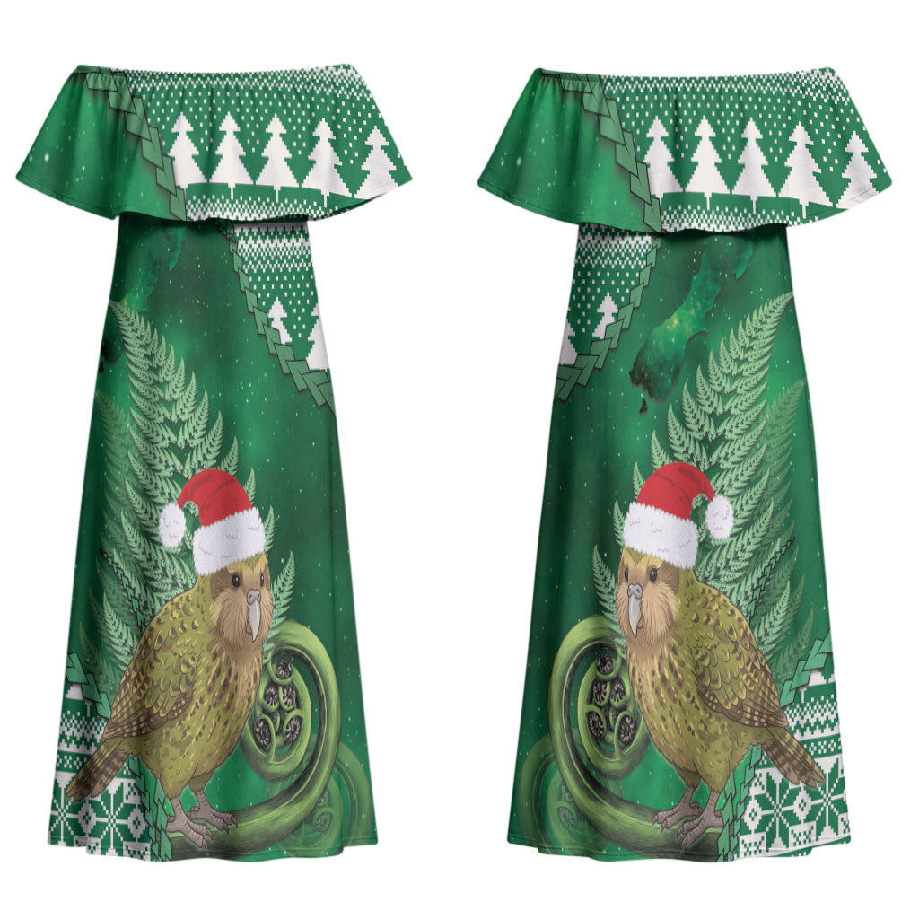 New Zealand Kakapo Christmas In July Couples Matching Off Shoulder Maxi Dress and Long Sleeve Button Shirt Silver Fern Santa Xmas Green Color LT22 - Polynesian Pride
