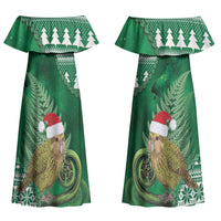 New Zealand Kakapo Christmas In July Couples Matching Off Shoulder Maxi Dress and Long Sleeve Button Shirt Silver Fern Santa Xmas Green Color LT22 - Polynesian Pride