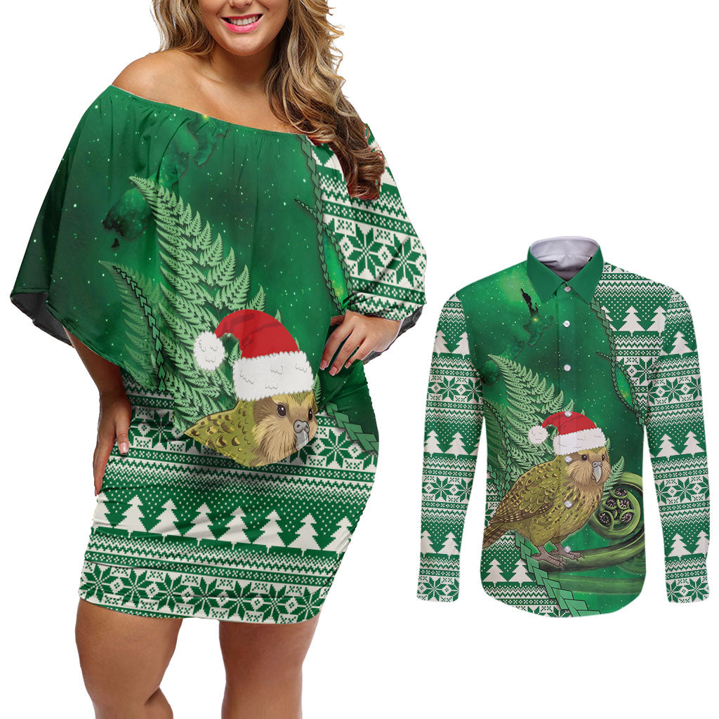 New Zealand Kakapo Christmas In July Couples Matching Off Shoulder Short Dress and Long Sleeve Button Shirt Silver Fern Santa Xmas Green Color