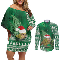 New Zealand Kakapo Christmas In July Couples Matching Off Shoulder Short Dress and Long Sleeve Button Shirt Silver Fern Santa Xmas Green Color