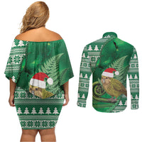 New Zealand Kakapo Christmas In July Couples Matching Off Shoulder Short Dress and Long Sleeve Button Shirt Silver Fern Santa Xmas Green Color