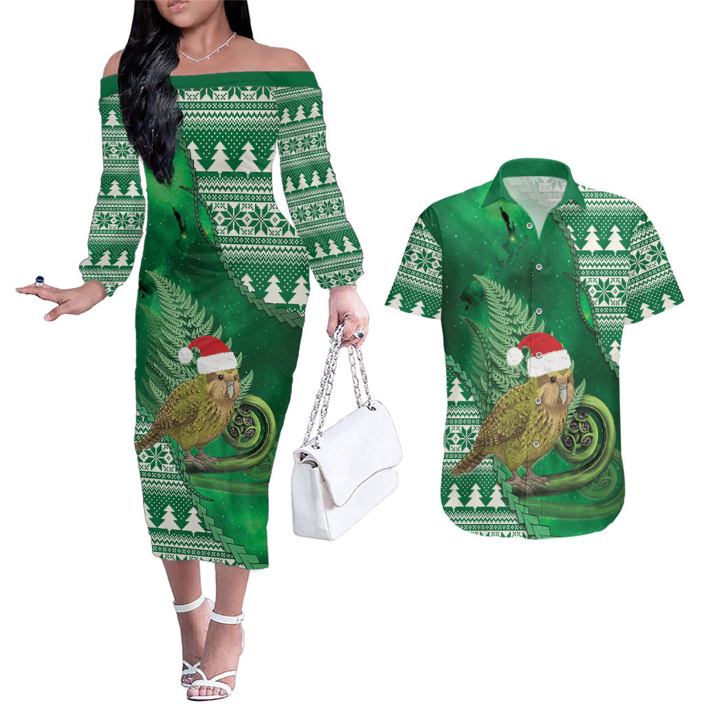 New Zealand Kakapo Christmas In July Couples Matching Off The Shoulder Long Sleeve Dress and Hawaiian Shirt Silver Fern Santa Xmas Green Color LT22 Green - Polynesian Pride