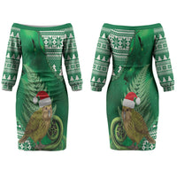 New Zealand Kakapo Christmas In July Couples Matching Off The Shoulder Long Sleeve Dress and Hawaiian Shirt Silver Fern Santa Xmas Green Color LT22 - Polynesian Pride