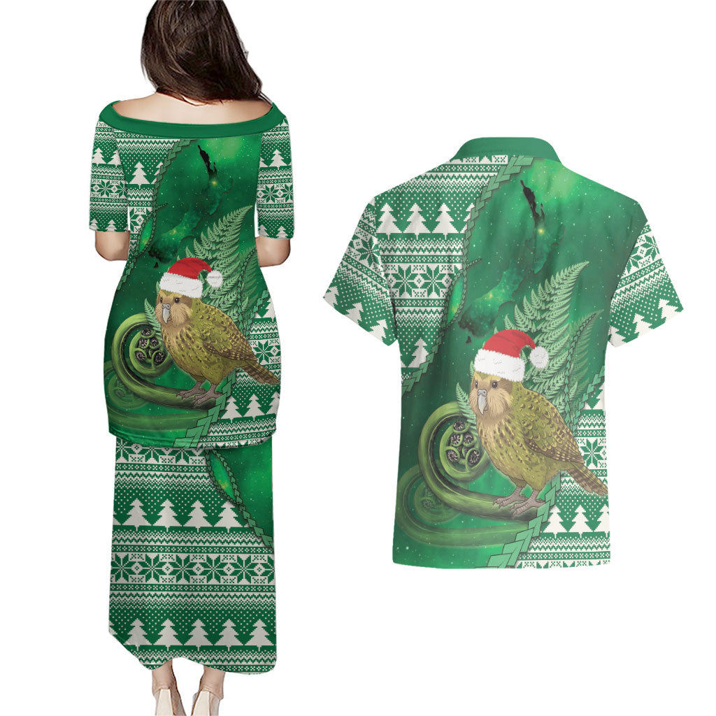 New Zealand Kakapo Christmas In July Couples Matching Puletasi and Hawaiian Shirt Silver Fern Santa Xmas Green Color