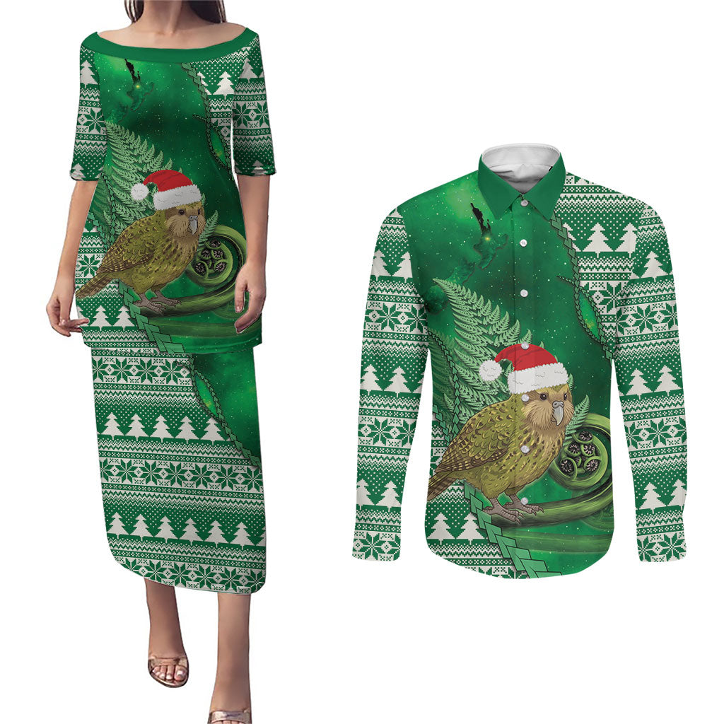 New Zealand Kakapo Christmas In July Couples Matching Puletasi and Long Sleeve Button Shirt Silver Fern Santa Xmas Green Color