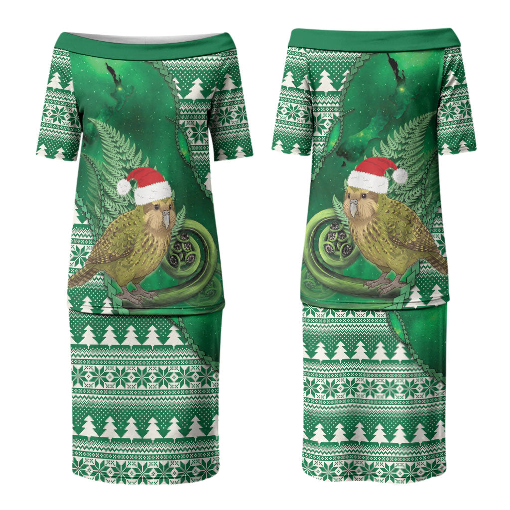 New Zealand Kakapo Christmas In July Couples Matching Puletasi and Long Sleeve Button Shirt Silver Fern Santa Xmas Green Color LT22 - Polynesian Pride