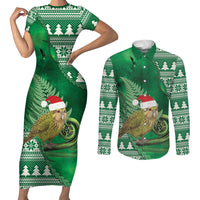 New Zealand Kakapo Christmas In July Couples Matching Short Sleeve Bodycon Dress and Long Sleeve Button Shirt Silver Fern Santa Xmas Green Color