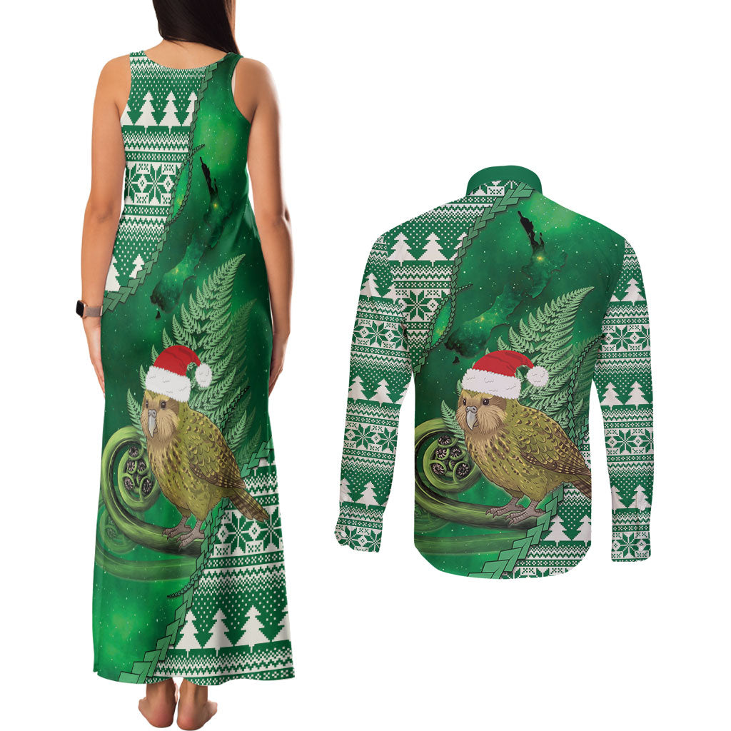 New Zealand Kakapo Christmas In July Couples Matching Tank Maxi Dress and Long Sleeve Button Shirt Silver Fern Santa Xmas Green Color