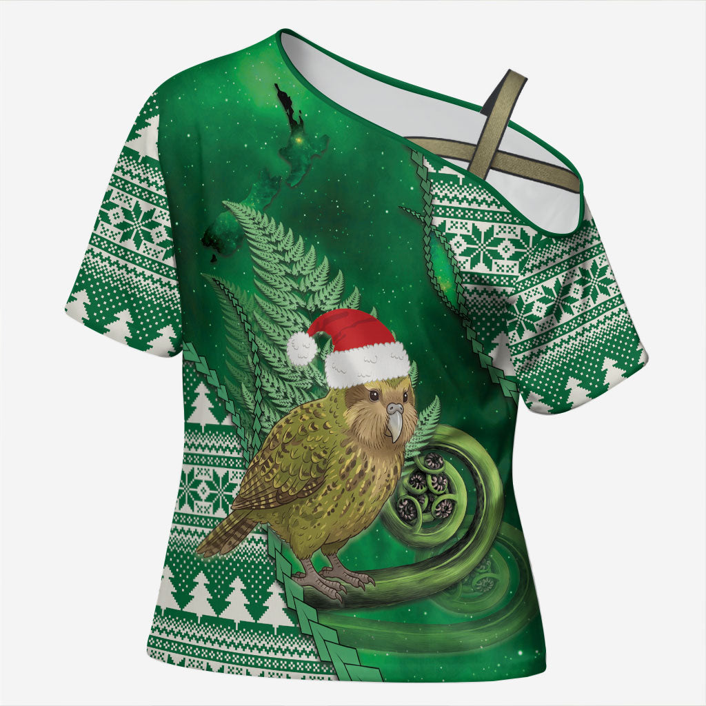 New Zealand Kakapo Christmas In July Cross Shoulder Shirt Silver Fern Santa Xmas Green Color