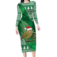 New Zealand Kakapo Christmas In July Family Matching Long Sleeve Bodycon Dress and Hawaiian Shirt Silver Fern Santa Xmas Green Color